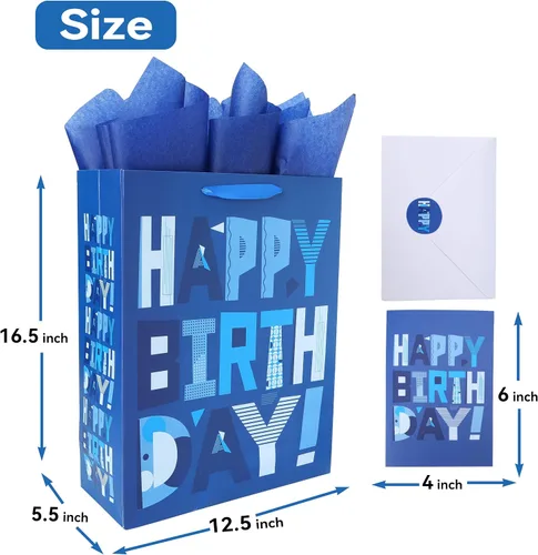 Miniatura 2 de wishinside Juego de bolsas de regalo azules extragrandes de 16.5" con tarjeta de felicitación y papeles de seda (Feliz cumpleaños azul) para fiestas