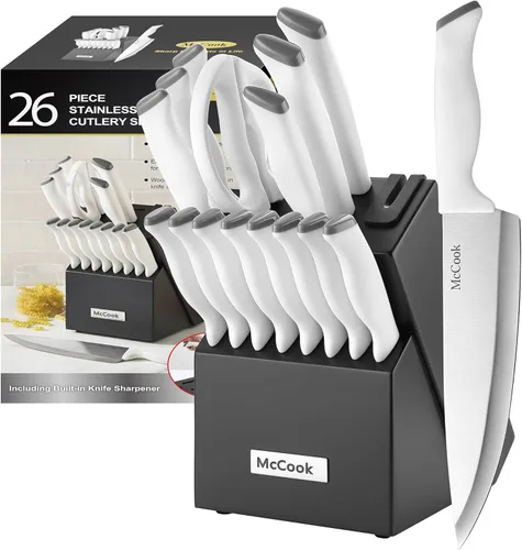McCook Juegos de cuchillos, juegos de bloques de cuchillos de cocina de acero inoxidable alemán con afilador incorporado Blanco/Negro