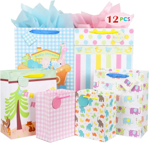 FZOPO Surtido de bolsas de regalo para bebé, bolsas de regalo de papel resistente, paquete de 12 bolsas pequeñas, medianas y extra grandes para baby