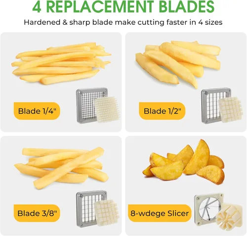 Miniatura 8 de Cortador de patatas fritas 4 en 1 comercial y rallador de limón y picadora de verduras - Acero inoxidable con mango extendido - 4 cuchillas
