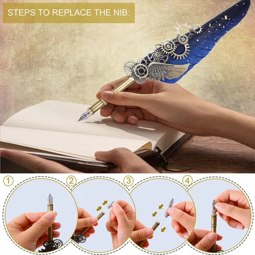 Miniatura 4 de NC Juego de tinta de plumas, incluye 5 botellas de tinta y 6 puntas reemplazables, bolígrafo mecánico para escribir, letras, diario, firma, Azul