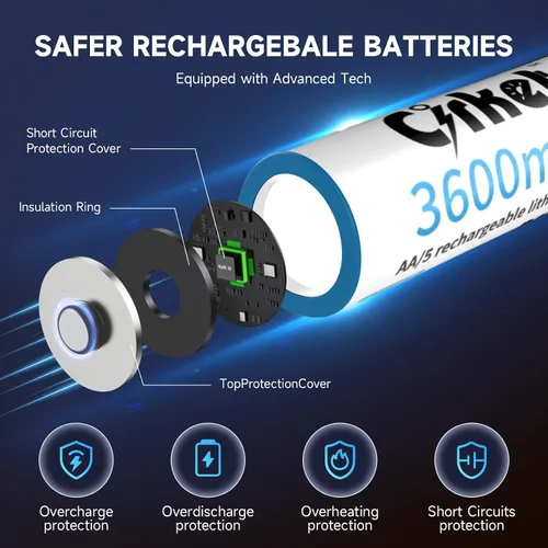 Miniatura 5 de Paquete de 8 baterías recargables AA de iones de litio con cargador rápido 3600 mWh de alta capacidad 1.5 V Ecológico Pilas de litio doble A