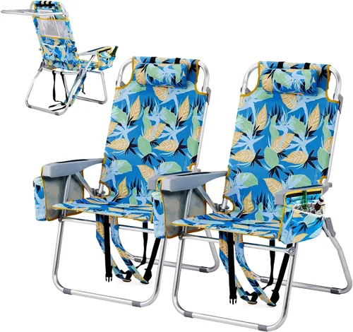 Miniatura 14 de VINGLI Silla de Playa Alta Paquete de 2 Ligera, Silla de Playa Tipo Mochila para Adultos con 5 Posiciones, Bolsa Refrigeradora, Portavasos, Barra