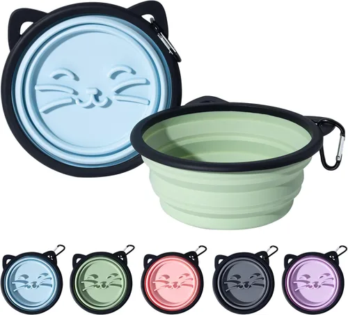 Paquete de 2 cuencos plegables de silicona para perros, con forma de oreja de mascota y cuenco de agua de viaje con gráficos de gato, lleno de