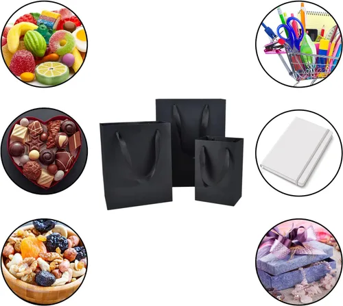 Miniatura 4 de HUAPRINT Paquete de 30 (10 juegos) bolsas de papel negras con asas, tamaños mixtos de 5.25 x 3.75 x 8 pulgadas, 8 x 5 x 10 pulgadas y 10 x 5 x 13
