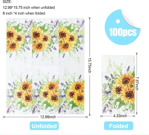 Miniatura 2 de Paquete de 100 toallas de mano desechables para baño, servilletas de papel de girasol, servilletas decorativas de flores de primavera para baño