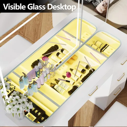 Miniatura 4 de Escritorio de tocador con espejo iluminado grande, tocador de maquillaje con parte superior de cristal, 7 cajones y brillo ajustable, mesa