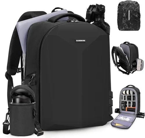 RAINSMORE Mochila para cámara de carcasa dura para DSLR/SLR, bolsa impermeable para cámara con compartimento para laptop de 15.6 pulgadas, estuche