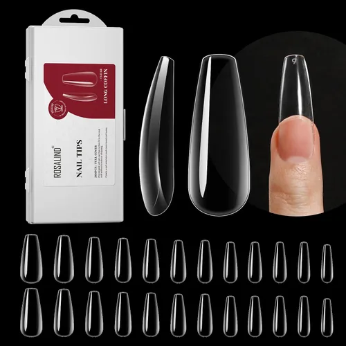 ROSALND - 264 puntas de uñas postizas largas transparentes con forma de ataúd, uñas postizas acrílicas de cobertura completa con caja, 12 tamaños