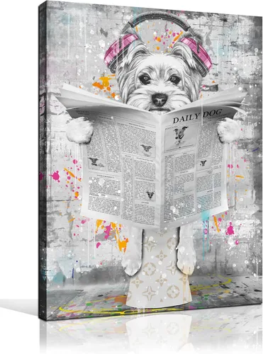 ENTANUB Arte de Pared de Perro para Baño, Divertido Cuadro de Lienzo de Animales para Dormitorio, Decoración de Imágenes en Blanco y Negro, Tamaño
