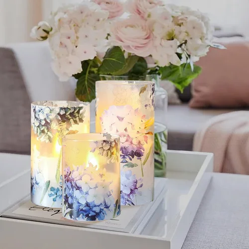 Miniatura 8 de Velas sin llama de hortensias azules, velas LED decorativas parpadeantes con temporizador remoto, velas de cera real que funcionan