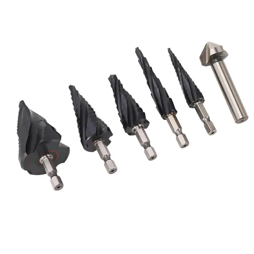 Miniatura 7 de Juego de brocas escalonadas, 4 flautas, vástago de 1/4 pulgadas, M35, cobalto, Pagoda para metal duro de acero inoxidable