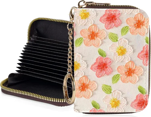 Miniatura 35 de Tarjetero de crédito para mujer, pequeña cartera RFID con cierre de llavero, bonita cartera de piel sintética, Huellas de patas en blanco y negro