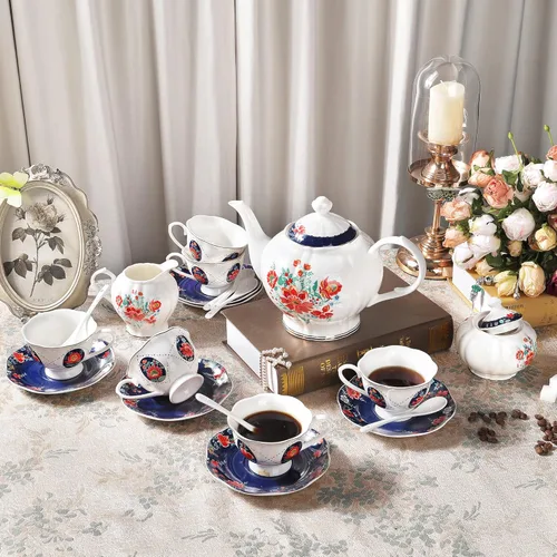 Miniatura 5 de fanquare Juego de té de porcelana victoriana de 21 piezas para 6, juego de tazas de té floral británicas reales para mujeres, juego de fiesta de té