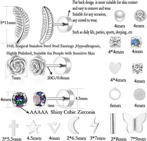 Miniatura 2 de 18 pares de aretes tipo dormilona para mujeres y hombres, de acero inoxidable quirúrgico 316L, hipoalergénicos, con parte trasera plana, aretes