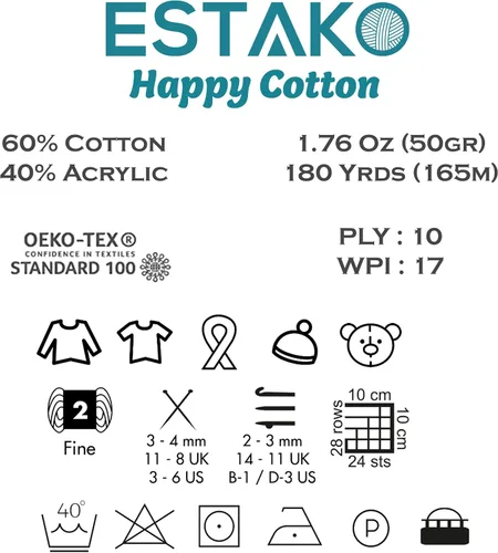 Miniatura 3 de Estako Happy Cotton, 1,76 oz (50 g) / 180 yardas (165 m) de lana 60 % algodón y 40 % acrílico, suave, fina/deportiva (2) para crochet y tejer