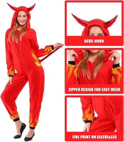 Miniatura 4 de ReneeCho Disfraz de Diablo de Halloween para mujer overol de pijama de demonio