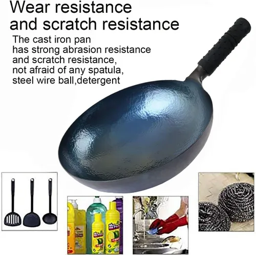 Miniatura 7 de Olla de hierro chino, woks de hierro multiusos, sartén para freír, forjado a mano sin revestimiento, olla antiadherente, wok, adecuado para estufas