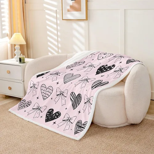 Miniatura 3 de Manta de cama con estampado de corazones de lazo, manta de felpa de grafiti dibujada a mano para decoración rústica del hogar, manta de franela