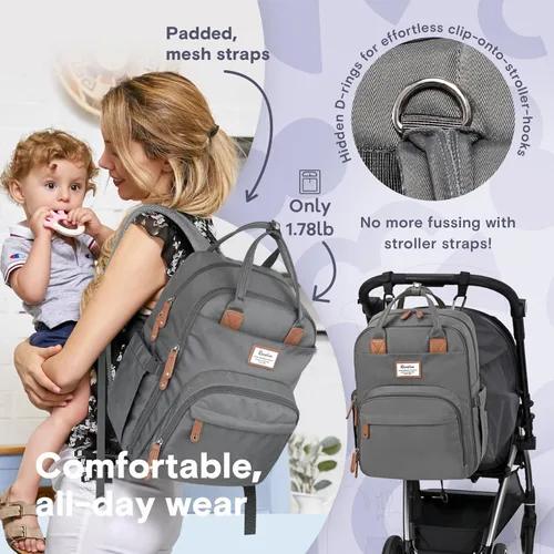 Miniatura 6 de RUVALINO Mochila para pañales, mochila de viaje multifunción, bolsa de maternidad para bebé, gran capacidad, impermeable y elegante, gris hierro