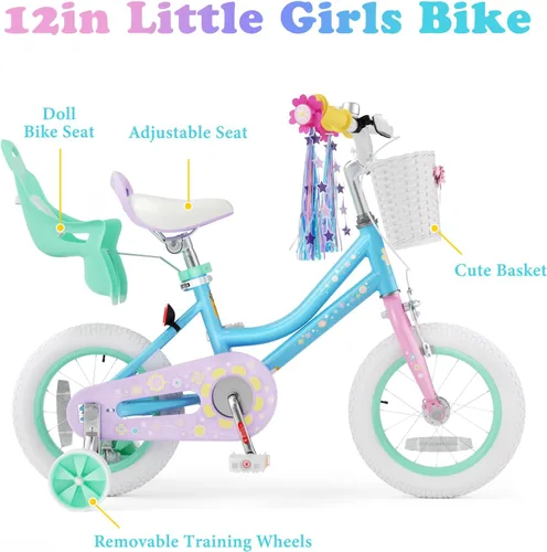 Miniatura 3 de KORIMEFA Bicicleta para niñas de 2 a 12 años, 12, 14, 16, 20 pulgadas, bicicleta para niños pequeños con ruedas de entrenamiento, bicicleta