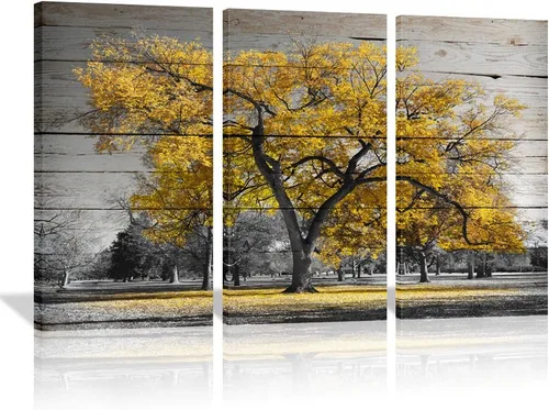 Lienzo decorativo para pared de árbol de otoño gris y amarillo, 3 piezas, vintage, otoño, hojas de arce, cuadro retro de naturaleza, decoración