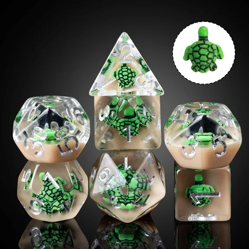Miniatura 2 de Cusdie Dados DND de 7 troqueles, juego de dados poliédricos rellenos de animales, para juegos de rol, dados D&D (tortuga verde)