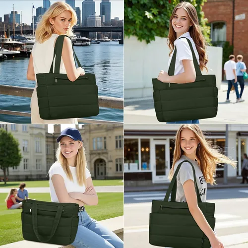 Miniatura 7 de Bolsa de mano para mujeres, ligera, acolchada y esponjosa, bolsa de hombro con almacenamiento para trabajo, viajes, gimnasio, se adapta a portátil