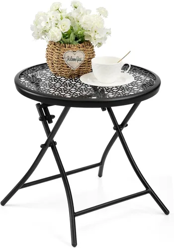 Miniatura 9 de Mesa auxiliar para exteriores, mesa auxiliar redonda plegable de metal, resistente a la intemperie, mesa decorativa de patio pequeño para porche