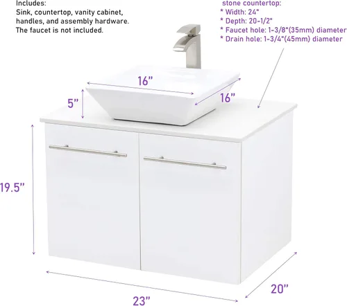 Miniatura 2 de Juego de lavabo flotante para montaje en pared, tocador de textura blanca en relieve, fregadero de cerámica para encimera de piedra plana negra, 24