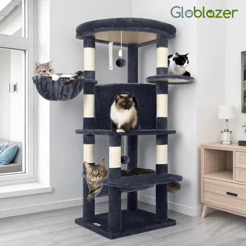 Miniatura 8 de Globlazer Torre esquinera para gatos de interior, torre de condominio de 51 pulgadas para gatos de varios niveles con hamaca grande, 7 postes