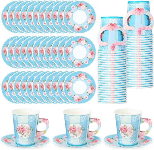 Miniatura 9 de Zopeal 100 piezas desechables para decoración de fiesta de té, taza de papel floral de 9 onzas con asa y platillo para el día de la madre, boda