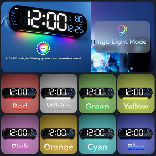 Miniatura 4 de Relojes de pared grandes de 13.7 pulgadas, reloj de pared de cocina con control remoto, luz nocturna RGB, atenuación automática de brillo, doble