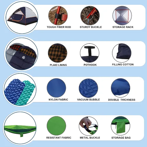 Miniatura 5 de Northroad 9PCS Camping Tent Kit, Including 1 2/3 Person Dome Tent, 2 Sleeping Bag, 2 Sleeping Pad/Camping Mat, 2 Single Camping Hammock with 2 Tree