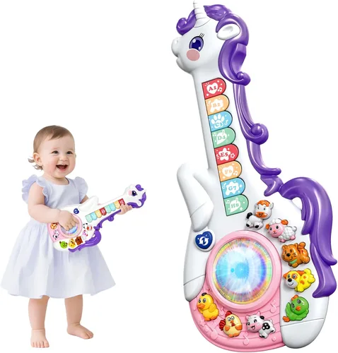 Marstone Juguetes para regalos de cumpleaños de niña de 1 año: Juguetes musicales de unicornio para bebés de 12 a 18 meses, guitarra educativa de