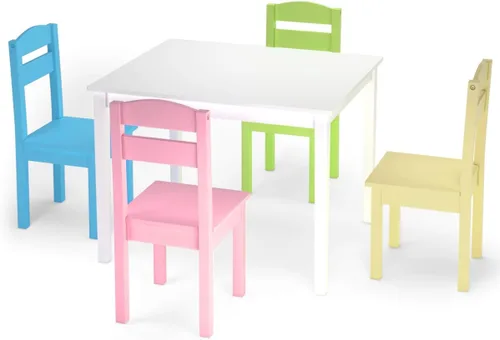 LDAILY Moccha - Juego de sillas de mesa de madera para niños, mesa colorida y 4 sillas con respaldo, mesa de comedor para niños, juego de sillas de