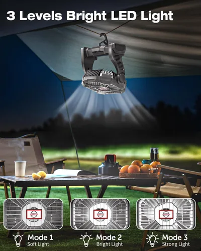 Miniatura 6 de AEscod Ventilador de camping portátil, recargable con luces LED, gancho para colgar, rotación de 270°, ventilador de batería de 20000 mAh