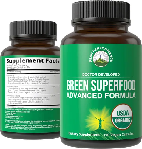 Organic Super Greens 150 cápsulas – Suplemento superalimenticio de jugo verde con 25 ingredientes orgánicos naturales. Max Energy and Detox Super