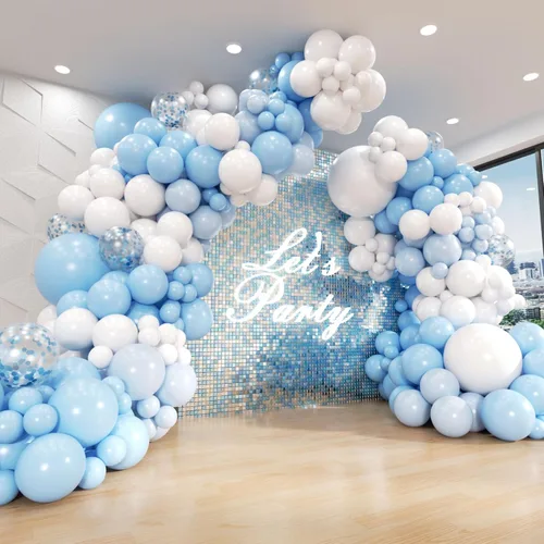 Kit de arco de globos azules y blancos de 134 piezas, globos azules y blancos con confeti azul polvoriento para aniversario, revelación de género,