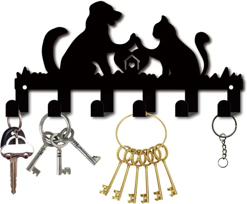 CREATCABIN Soporte de metal para llaves, organizador de ganchos negros para colgar en la pared, decorativo con 6 ganchos, patrón de perro y gato