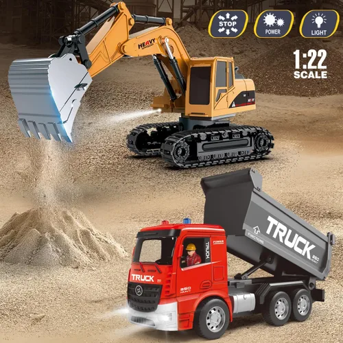 Miniatura 2 de Juego de juguetes de excavadora y camión volquete a control remoto – Excavadora RC y camión volquete con luces y sonidos – Coche excavador
