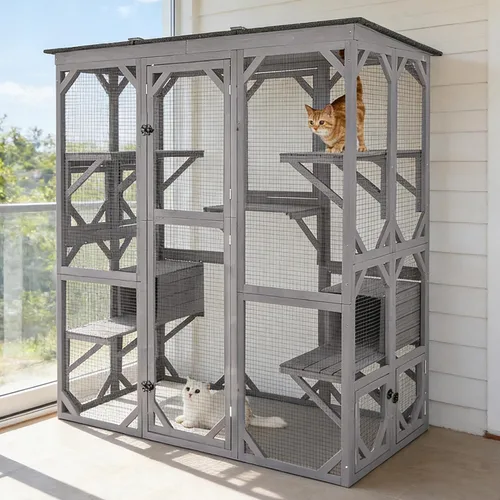 Miniatura 9 de Catio grande de madera para gatos de 70.1 pulgadas, casa para gatos de varios niveles con plataformas, hamaca y poste rascador, panel trasero