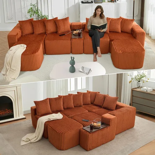 Miniatura 11 de Sofá seccional de 137.5 pulgadas, sofás modulares sin hueso para sala de estar, cómodo sofá de pana de felpa de asiento profundo, moderno sofá