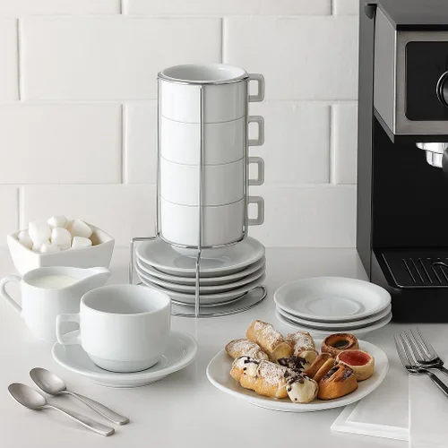 Miniatura 2 de HIC - Juego de té apilable de 9 piezas de café capuchino (porcelana), color blanco