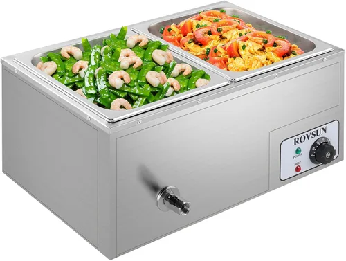 ROVSUN Calentador eléctrico comercial de 21 cuartos de galón, 2 bandejas, 110 V, acero inoxidable Bain Marie, mesa de vapor de 10.6 cuartos de galón
