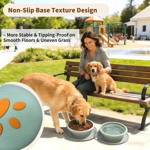 Miniatura 4 de Cuencos plegables para perros, tazón de silicona 2 en 1 para comida y agua para mascotas con mosquetón, plato portátil de doble compartimento
