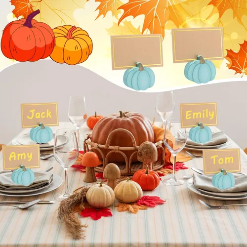 Miniatura 7 de Tradder 18 portatarjetas de lugar de Acción de Gracias con lámina dorada de calabaza, cosecha, mini calabaza, nombre, foto, soporte para fotos, Azul