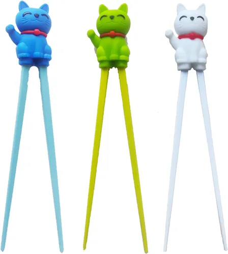 Lindos palillos auxiliares de aprendizaje de vajilla para niños, principiantes y adultos (3 piezas, gato de la suerte)