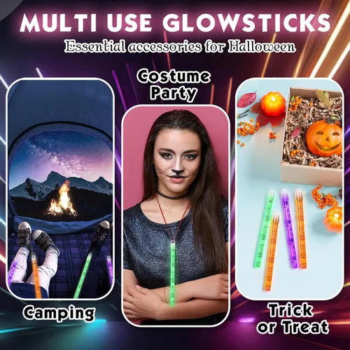 Miniatura 6 de Libima Juego de 36 collares de palitos brillantes de 8 pulgadas para Halloween con tapas y cordones de araña, calabaza que brillan en la oscuridad