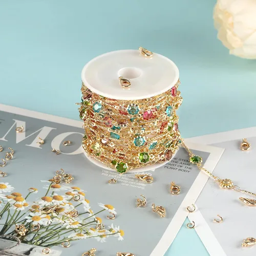 Miniatura 4 de Cadenas chapadas en oro de 16.4 pies para hacer joyas, cadena de diamantes de imitación de colores mixtos, pulseras, collar, cadena de tobillera, a